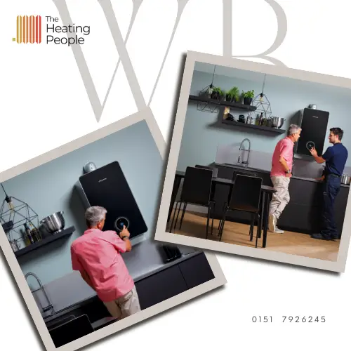 An engineer and a customer next to a boiler.